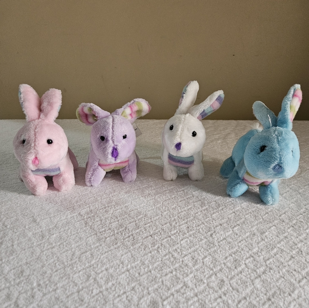 Pastel Easter Bunny Plush Set 4pc Rainbow Stripe Ear Spring Decor Cozy Kitsch